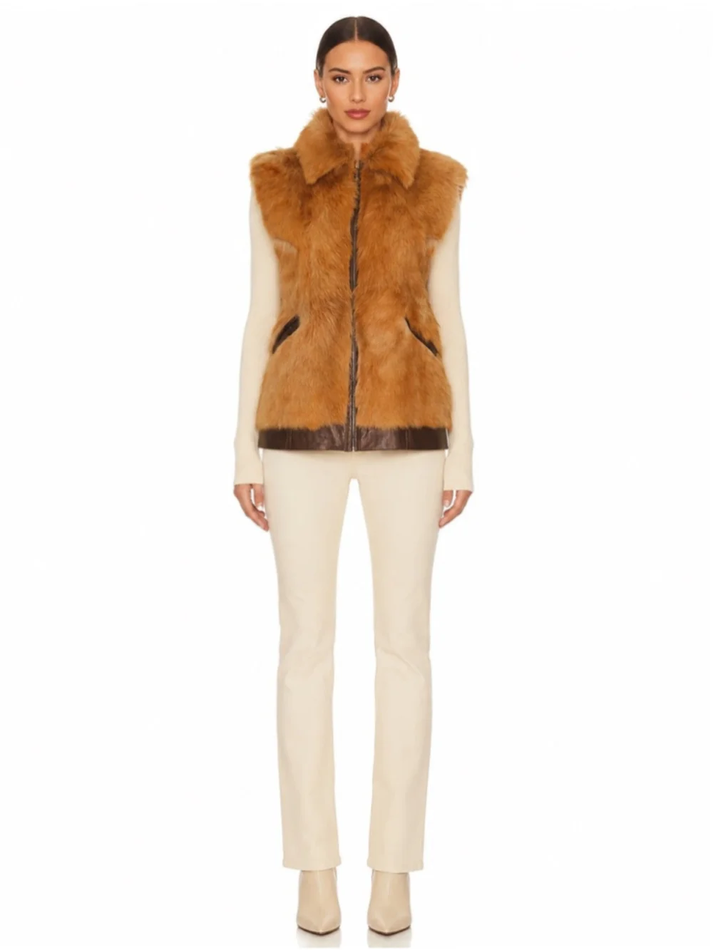 Vintage Genuine Fur Leather Trim Vest Brown Caramel Statement Gilet